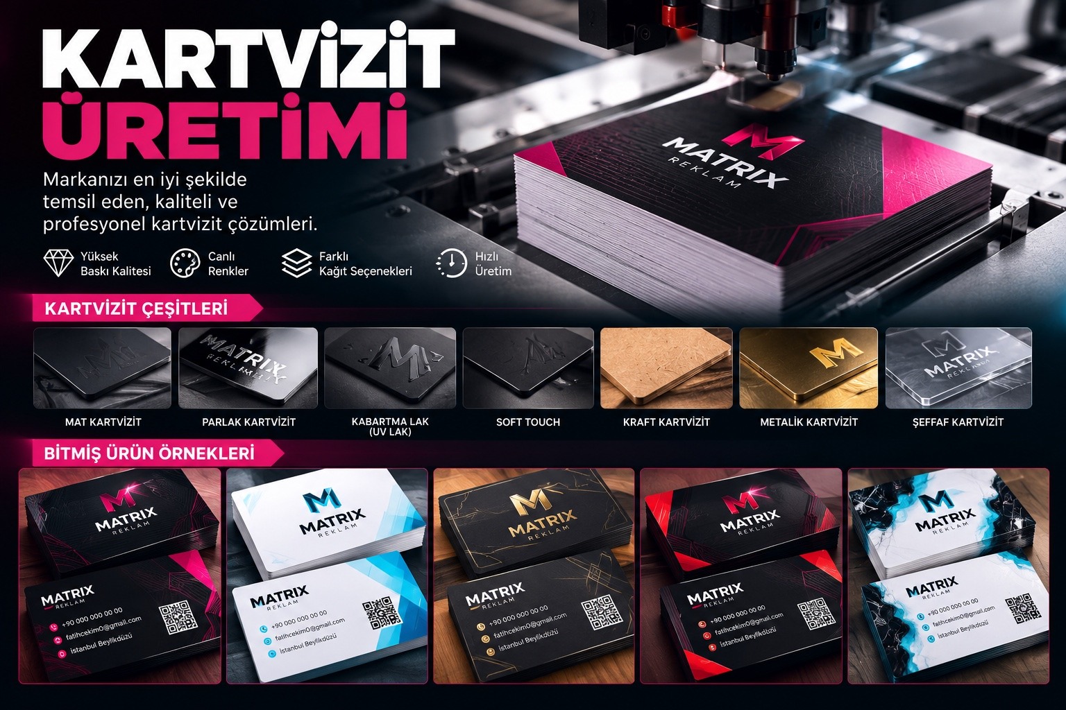 Matrix Reklam kartvizit üretimi ve bitmiş kartvizit örnekleri